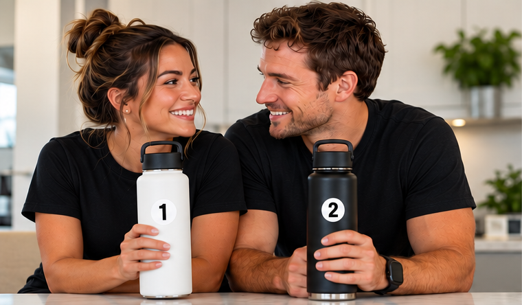 Couple in their kitchen holding two matching water bottles, one tagged 1 and one tagged 2