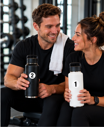 Couple at the gym smiling, each holding a water bottle tagged 1 and 2