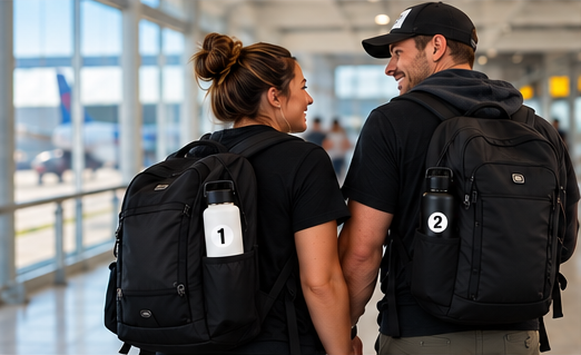 Couple at the airport with tagged bottles clipped to their backpacks