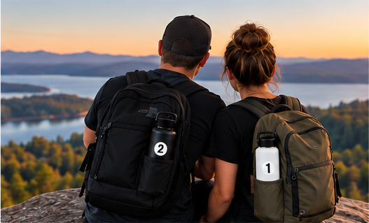 Couple overlooking a mountain lake at sunset with tagged bottles on their packs