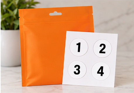 H2Otag orange packaging next to a sheet of peel-off number stickers 1, 2, 3, and 4