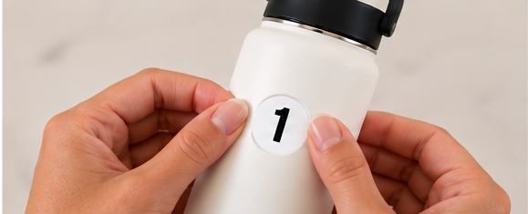 Hands applying the number 1 sticker onto a water bottle