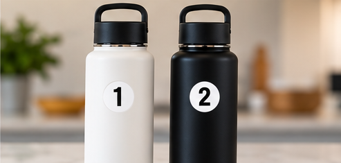 Two finished bottles, tagged 1 and 2, side by side