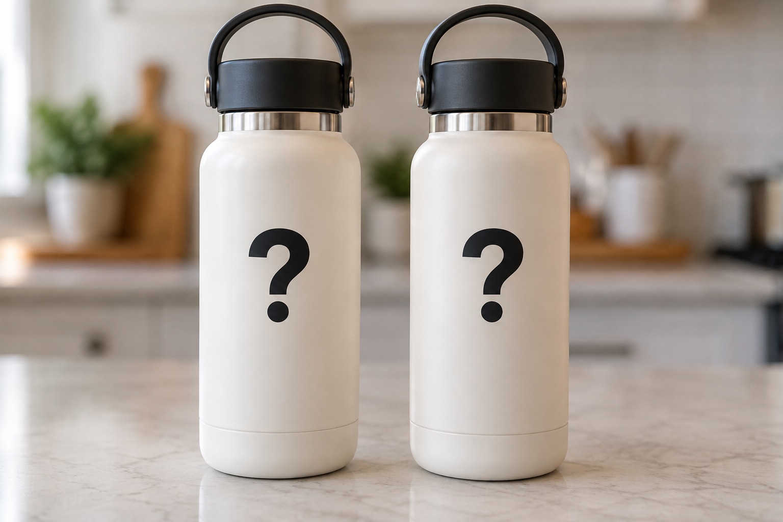Two identical white water bottles on a kitchen counter, each marked with a question mark instead of a number